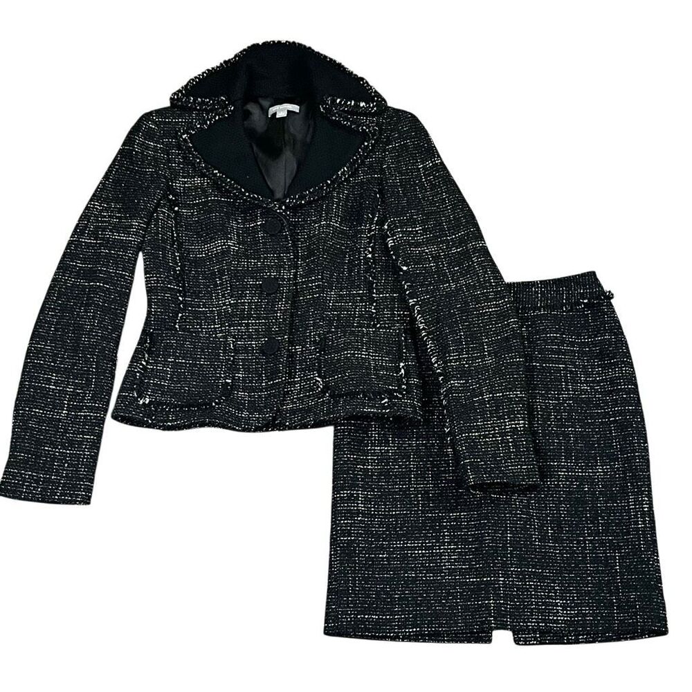 Ann Taylor Black White Tweed Raw-Edge Fringe Trim Skirt Suit 0